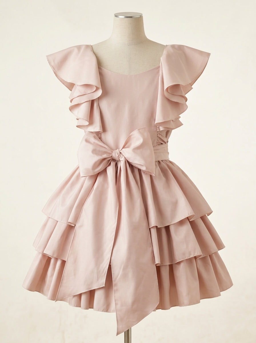 Vestido tafetan rosa maquillaje con volantes y lazada
