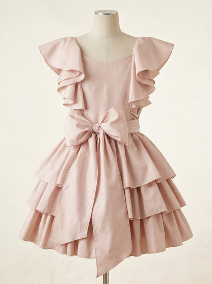 Vestido tafetan rosa maquillaje con volantes y lazada