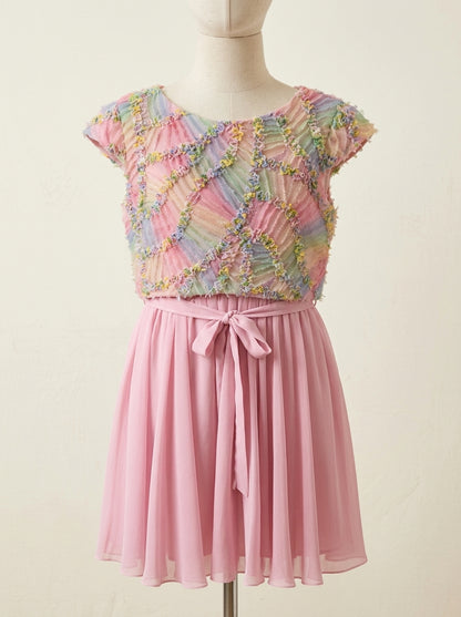 Vestido gasa rosa y chaleco fantasia