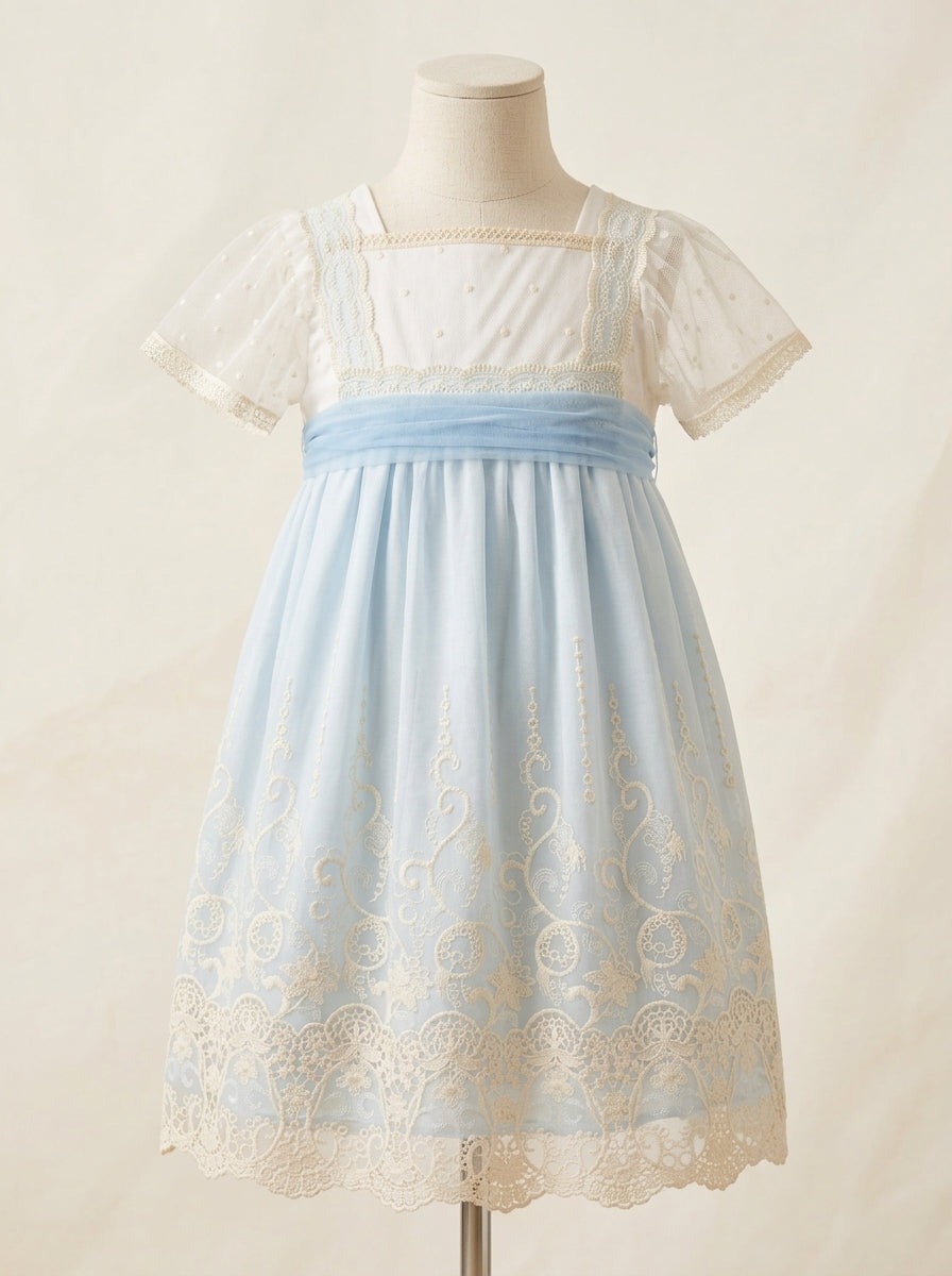 Vestido talle alto tul bordado azul