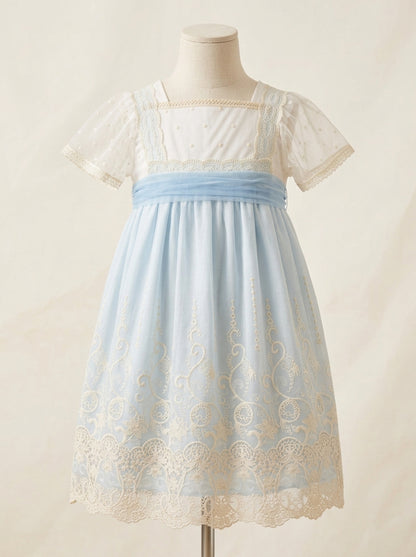 Vestido talle alto tul bordado azul