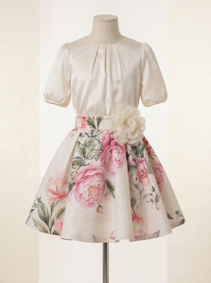 Conjunto blusa saten beig y falda estampada flores con rosetón