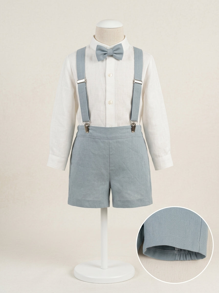 Conjunto camisa de lino y short azul océano con tirantes y pajarita