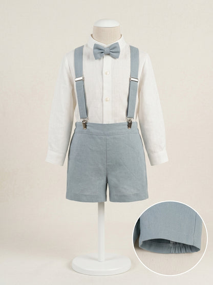 Conjunto camisa de lino y short azul océano con tirantes y pajarita