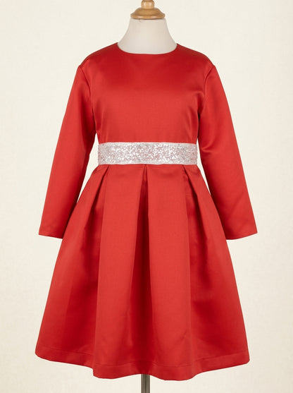Vestido MIKADO rojo con fajin de pedreria blanco