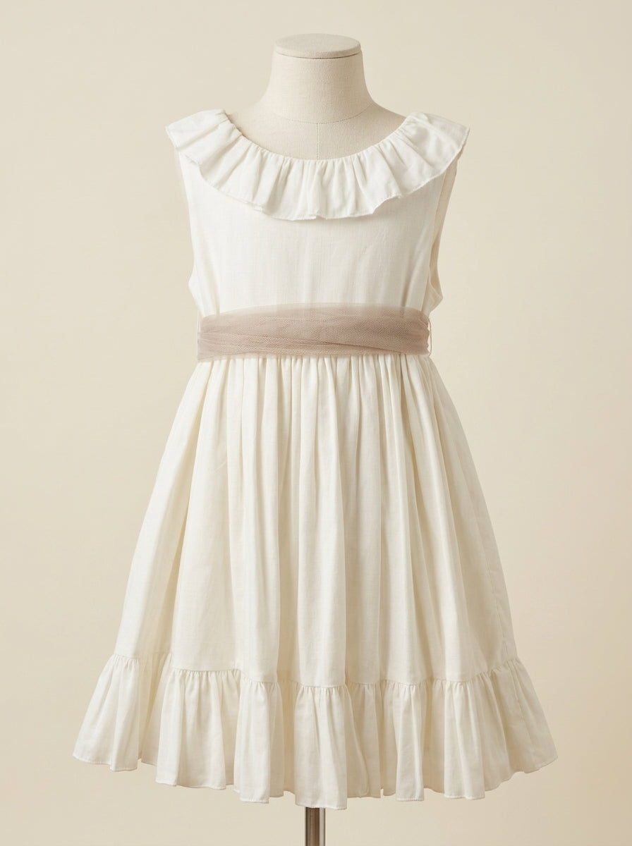 Vestido beig y fajin lino tostado