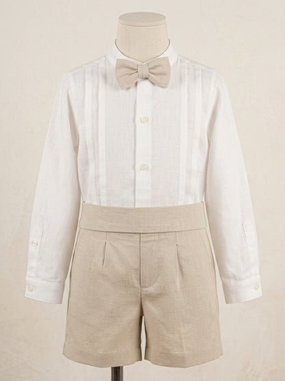 Conjunto camisa, short beig, fajin y pajarita
