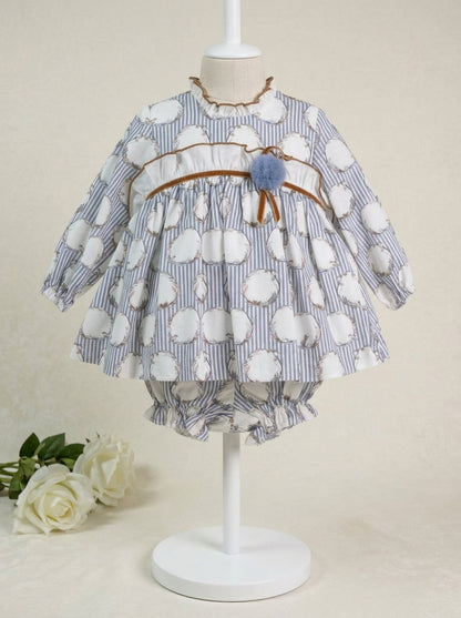 Vestido rayitas azules y pajaritos con pololo "Dolly"