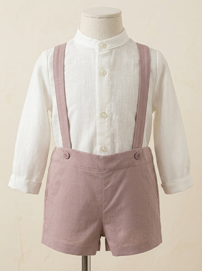 Conjunto camisa lino cuello mao y short tirantes rosa