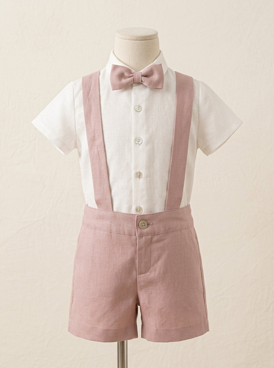 Conjunto camisa beig y short con tirantes rosa empolvado