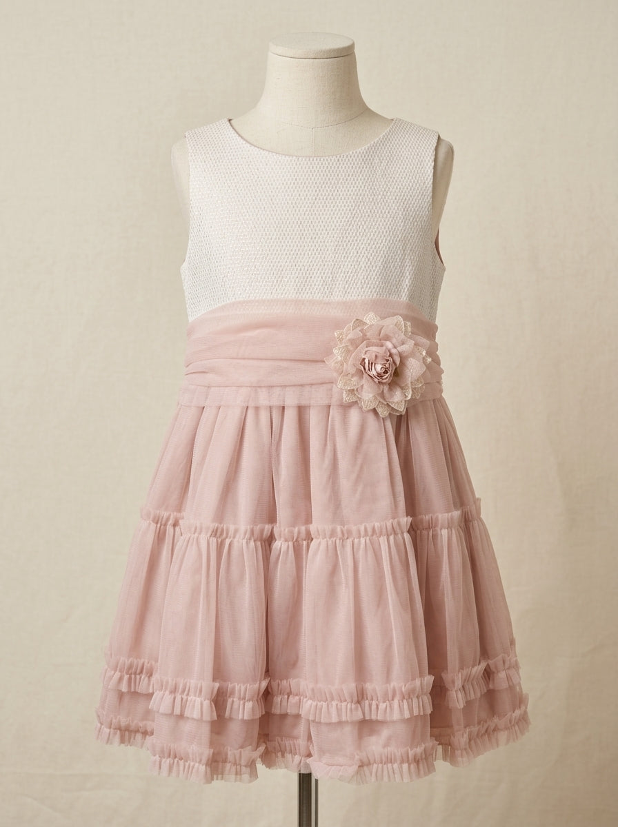 Vestido cuerpo brocado rosa y falda tul