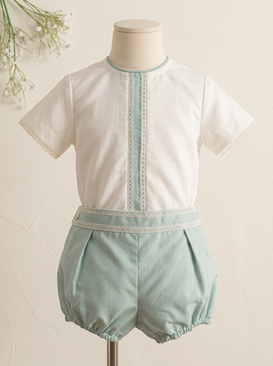 Conjunto camisa beig y bombacho lino verde empolvado