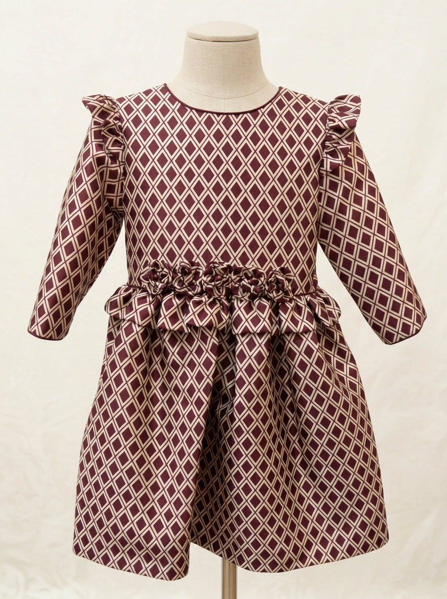 Vestido mikado rombos granates con volantes