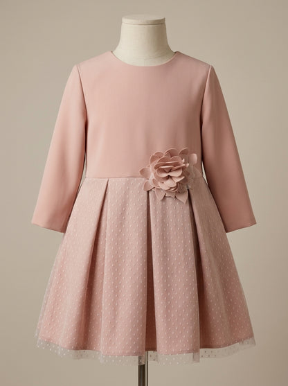 Vestido infantil neopreno y tul rosa empolvado con manga