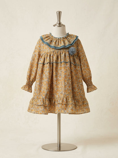 Vestido estampado flores turquesa y mostaza "Simba"