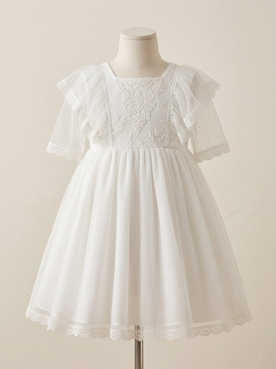 Vestido tul de plumeti blanco roto y lazo celeste