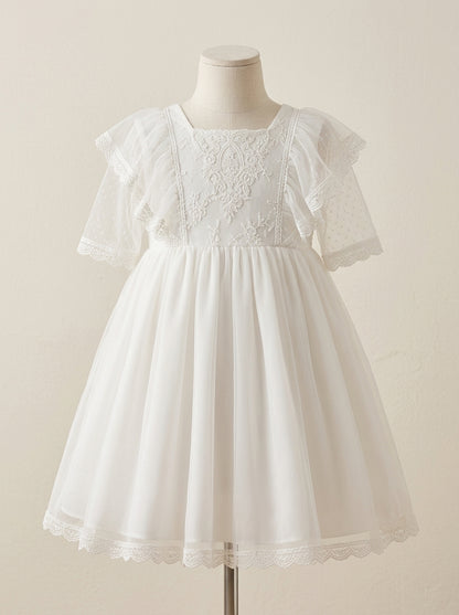 Vestido tul de plumeti blanco roto y lazo celeste