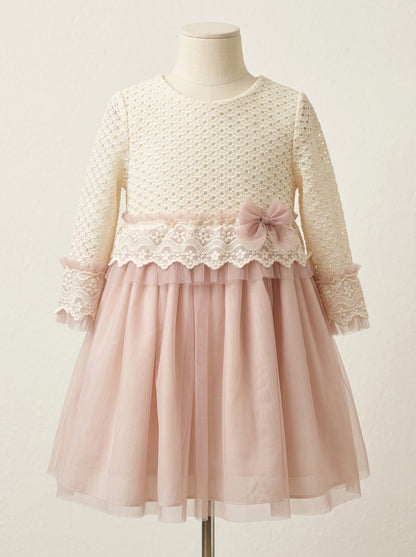 Vestido cuerpo beig y falda de tul rosa empolvado