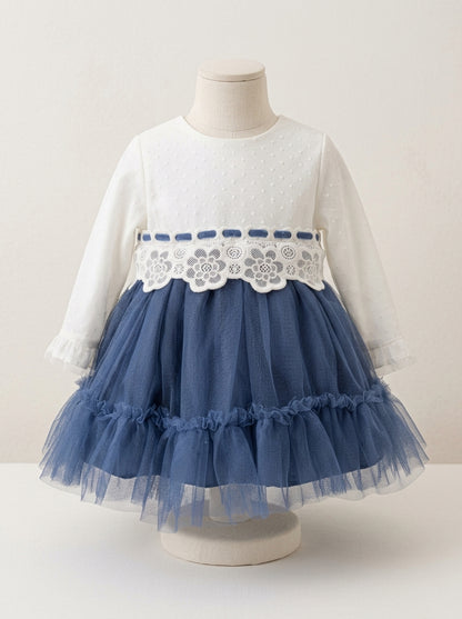 Vestido bebe tul beig y azul marino con volante