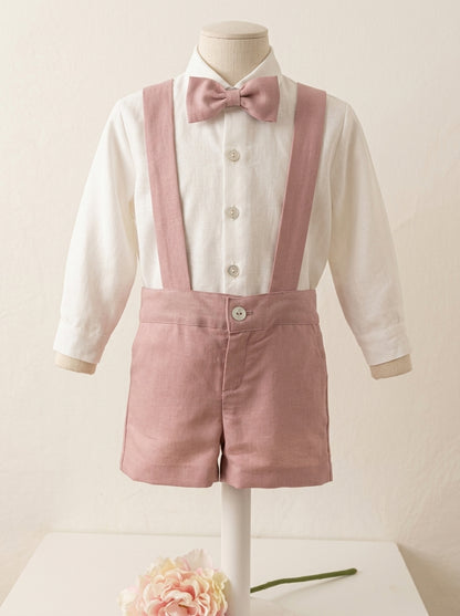 Conjunto camisa beig y short con tirantes rosa