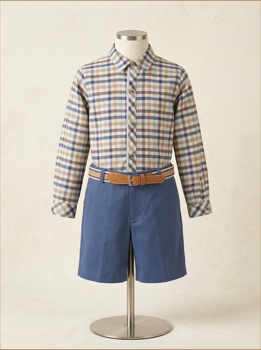 Camisa cuadros azules y marrones y short azul "Virginia"