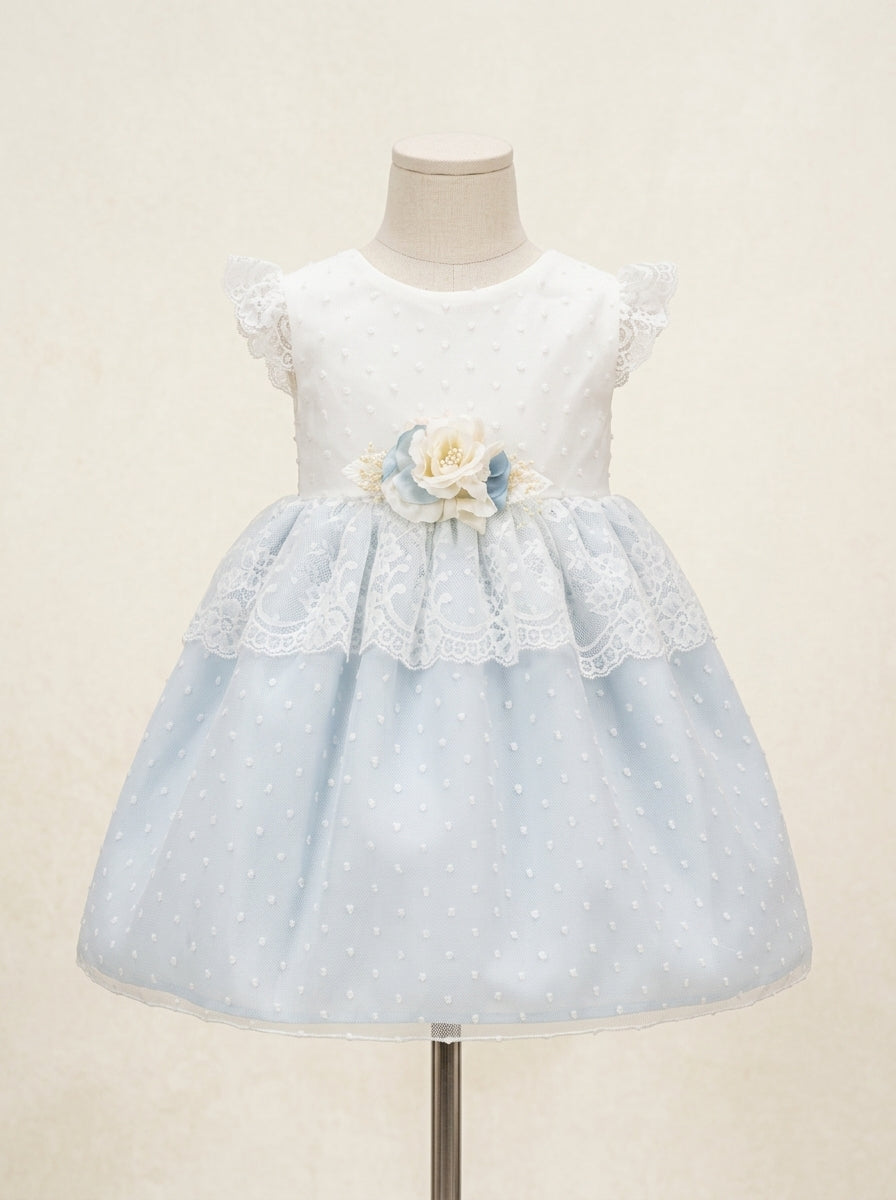 Vestido tul de plumeti azul con volante