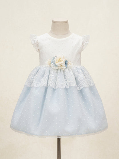 Vestido tul de plumeti azul con volante