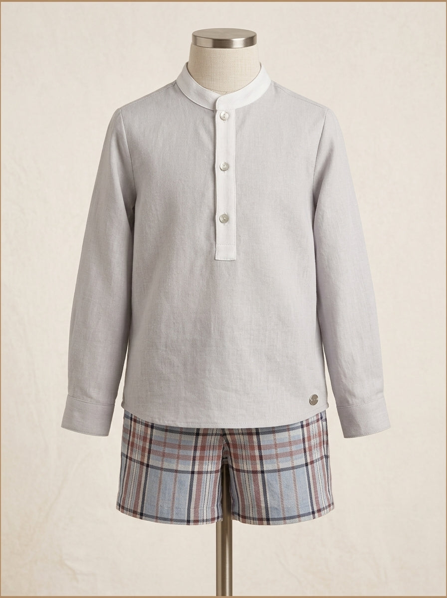 Camisa cuello mao y short cuadros