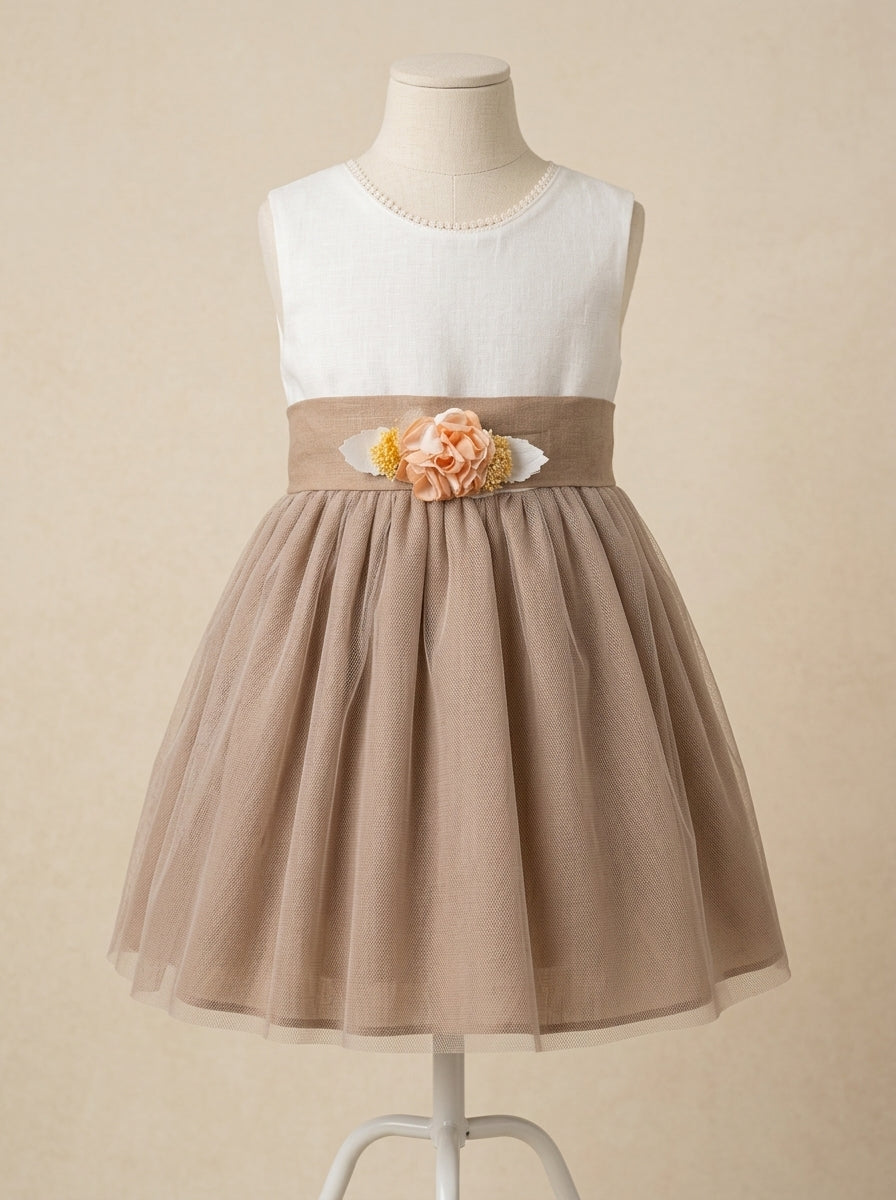 Vestido infantil sin mangas lino crudo y malva
