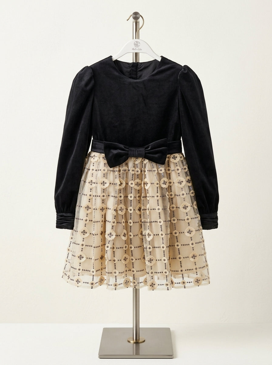 Vestido terciopelo negro y falda tul bordado beig