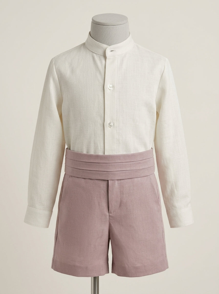 Conjunto camisa cuello mao y short rosa con fajin