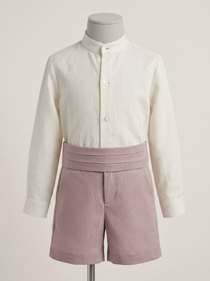 Conjunto camisa cuello mao y short rosa con fajin