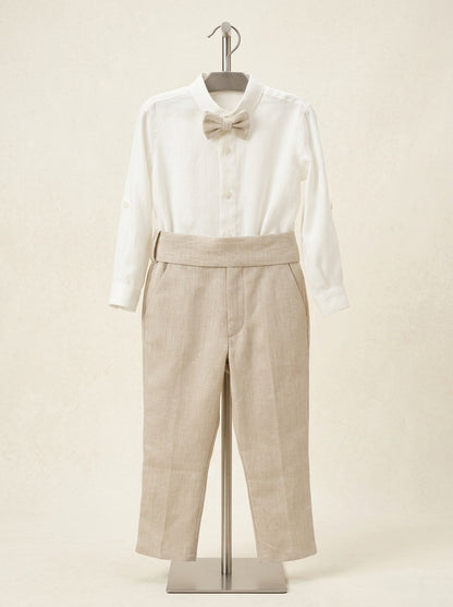 Conjunto camisa lino y pantalon largo arena con pajarita