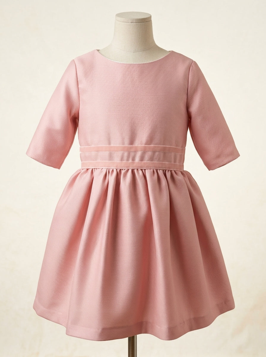 Vestido mikado cuadrille rosa manga francesa falda fruncida