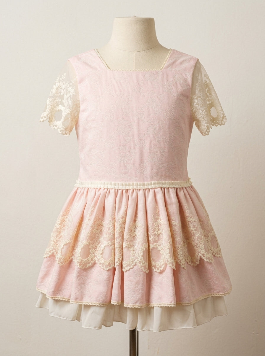 Vestido brocado rosa y beig talle bajo