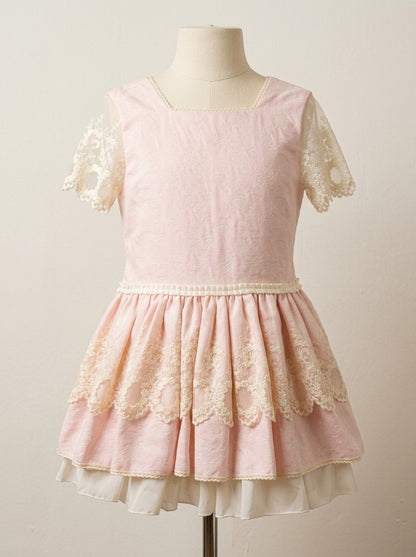 Vestido brocado rosa y beig talle bajo