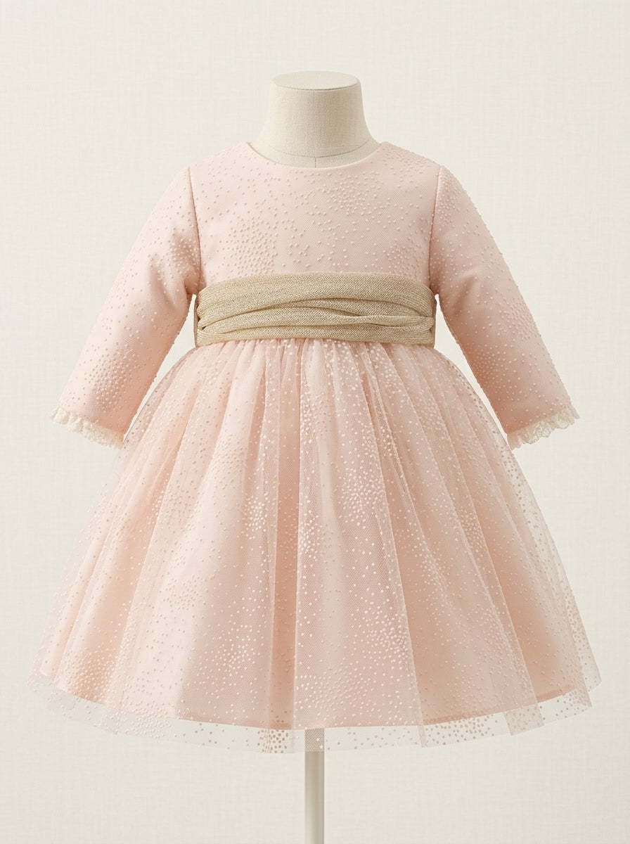 Vestido mikado salmón con flocado y fajin