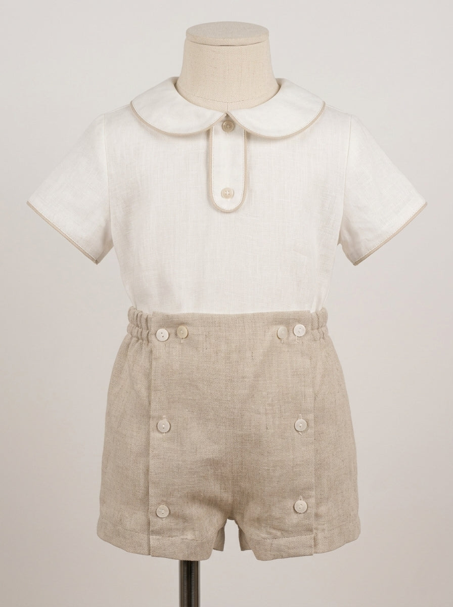 Conjunto camisa lino beig cuello bebe y bombacho tostado