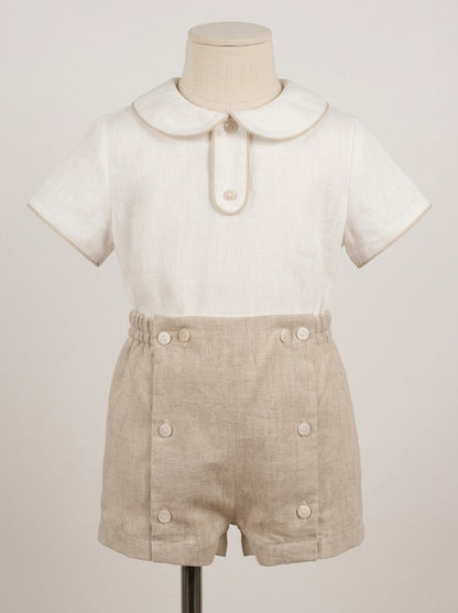 Conjunto camisa lino beig cuello bebe y bombacho tostado