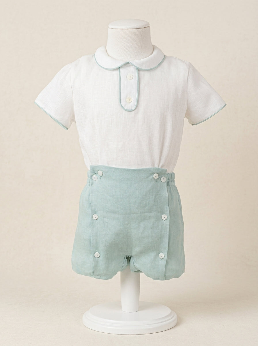 Conjunto camisa lino cuello bebe verde y bombacho