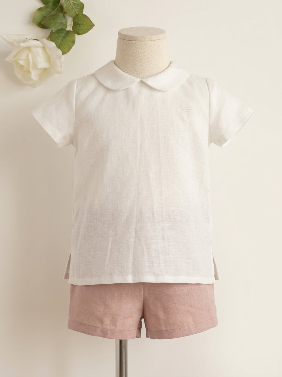 Conjunto camisa blanco roto y short rosa empolvado