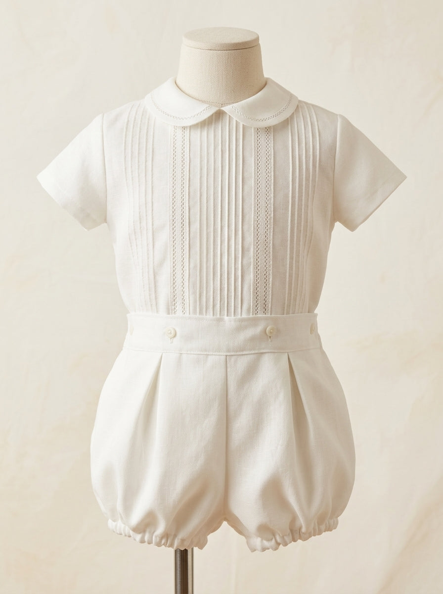 Conjunto camisa organza beig con lorzitas y vainicas y bombacho