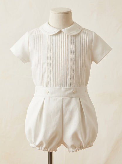 Conjunto camisa organza beig con lorzitas y vainicas y bombacho