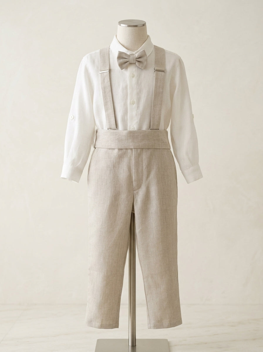 Conjunto camisa lino y pantalon largo arena con pajarita