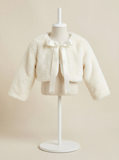 Bolero de peluche beige con lacito de raso