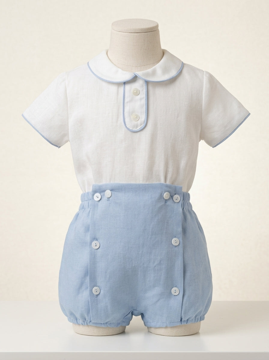 Conjunto camisa lino cuello bebe lino celeste y bombacho