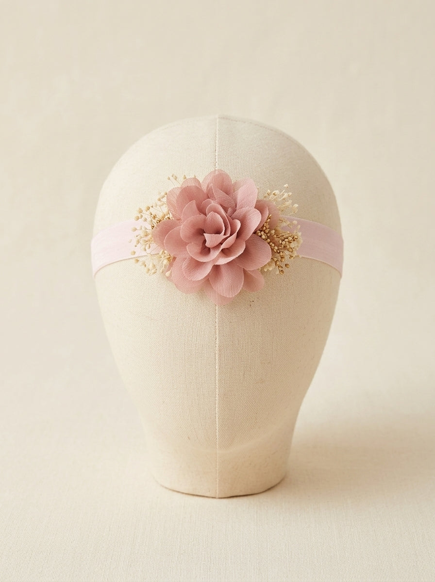 Diadema elastica 1 flor rosa empolvado