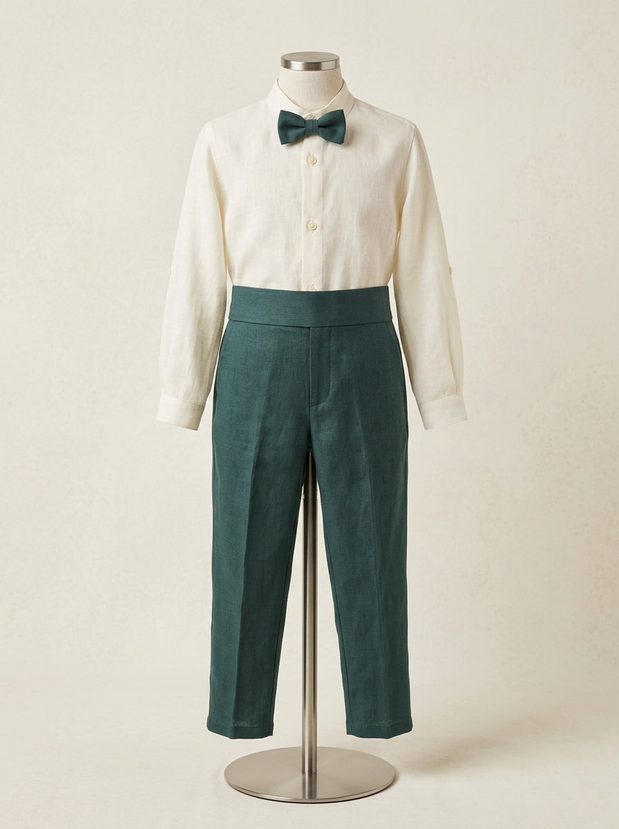Conjunto camisa lino cuello mao y pantalon largo con fajin verde oliva y pajarita