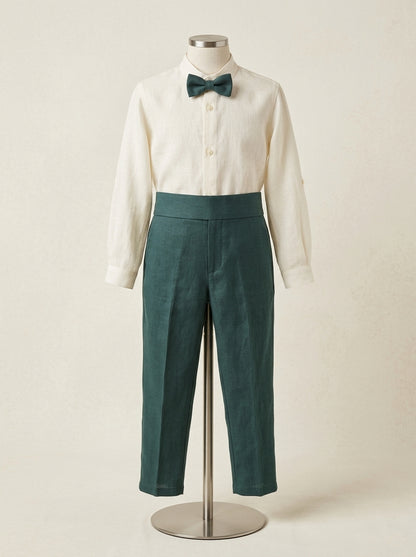 Conjunto camisa lino cuello mao y pantalon largo con fajin verde oliva y pajarita