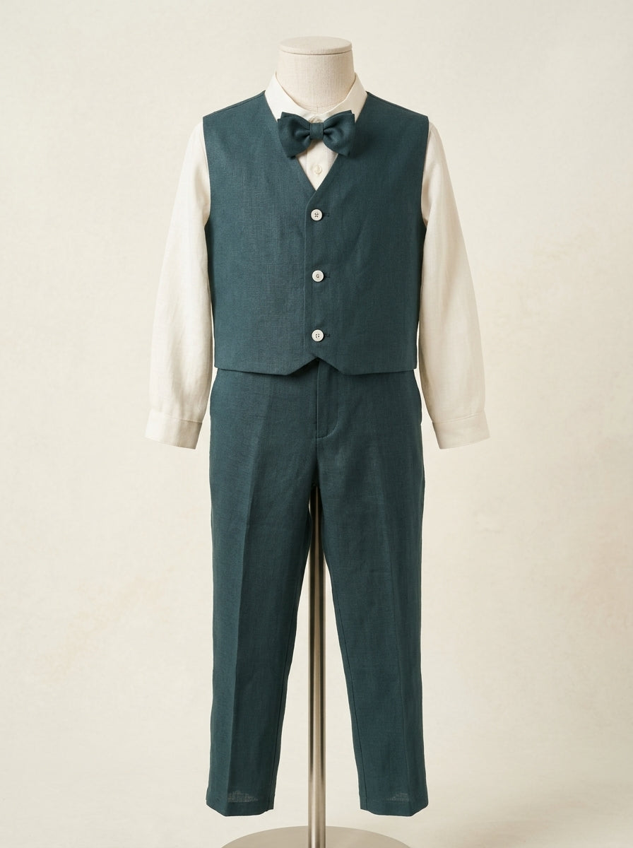 Conjunto camisa lino cuello mao y pantalon largo con fajin verde oliva y pajarita